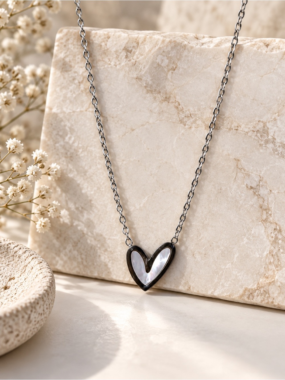 Silver Heart Pendant Necklace Mother of Pearl Inlay Minimalist Boho Jewelry
